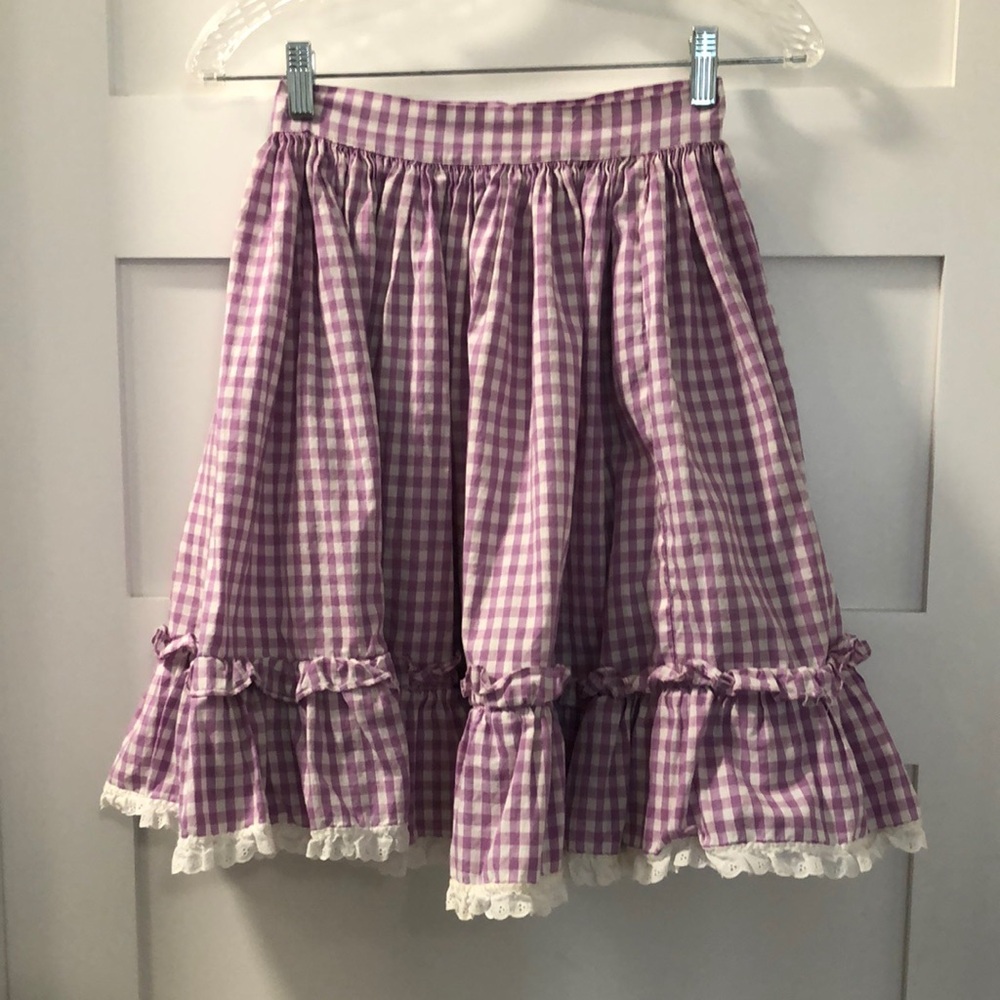 Handmade Gingham square dance Skirt Women's XS Vintage Lace Trim purple twirling